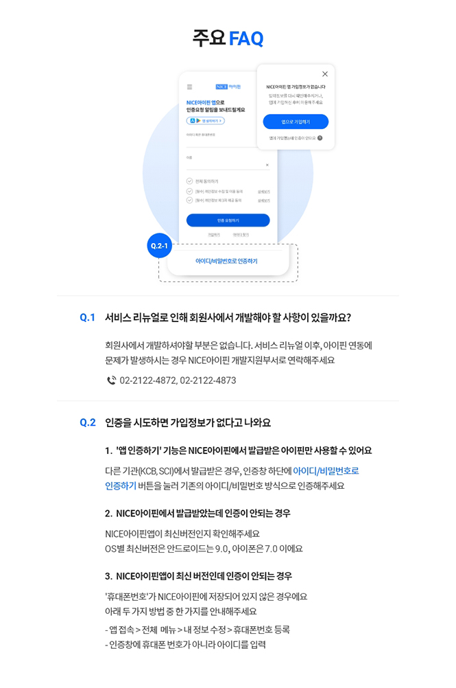 주요FAQ,
Q.1 서비스 리뉴얼로 인해 회원사에서 개발해야 할 사항이 있을까요?,
회원사에서 개발하셔야할 부분은 없습니다. 서비스 리뉴얼 이후, 아이핀 연동에 문제가 발생하시는 경우 NICE아이핀 개발지원부서로 연락해주세요,
02-2122-4872, 02-2122-4873,
Q.2 인증을 시도하면 가입정보가 없다고 나와요,
1.'앱 인증하기'기능은 NICE아이핀에서 발급받은 아이핀만 사용할 수 있어요.,
다른 기관(KCB, SCI)에서 발급받은 경우, 인증창 하단에 아이디/비밀번호로 인증하기 버튼을 눌러 기존의 아이디/비밀번호 방식으로 인증해주세요,
2. NICE아이핀에서 발급받았는데 인증이 안되는 경우,
NICE아이핀앱이 최신버전인지 확인해주세요,
OS별 최신버전은 안드로이드는 9.0, 아이폰은 7.0이예요,
3. NICE아이핀앱이 최신 버전인데 인증이 안되는 경우,
'휴대폰번호'가 NICE아이핀에 저장되어 있지 않은 경우에요.,
아래 두 가지 방법 중 한 가지를 안내해주세요,
- 앱 접속 > 전체 메뉴 > 내 정보 수정 > 휴대폰번호 등록,
- 인증창에 휴대폰 번호가 아니라 아이디를 입력
